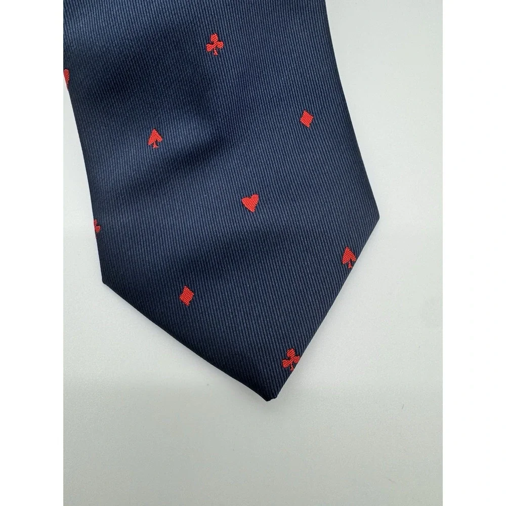 Navy Blue Silk Tie Red Playing Cards Hearts Spades Diamonds Clubs Novelty Mens